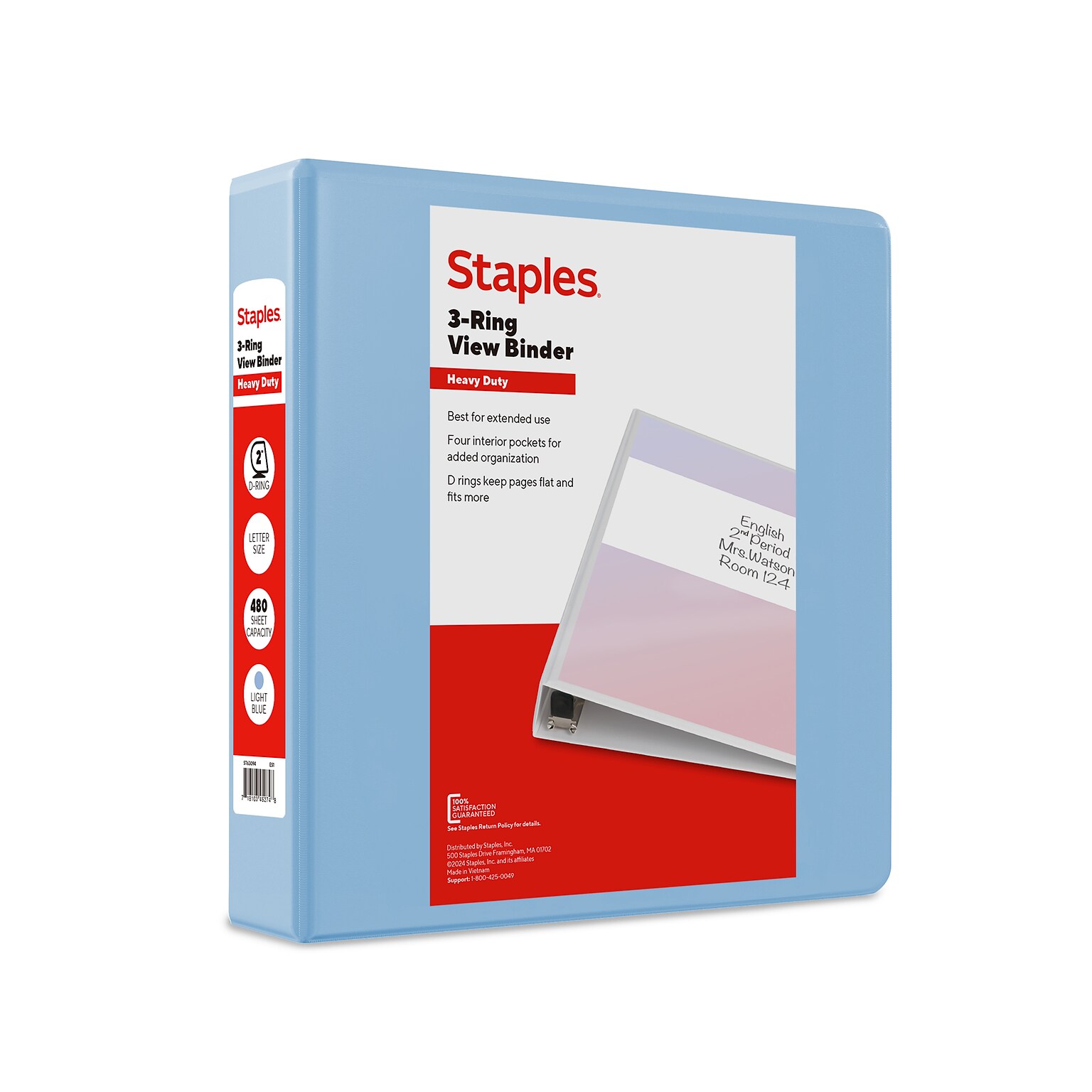 Staples Heavy Duty 2 3-Ring View Binder, D-Ring, Light Blue (ST63094)