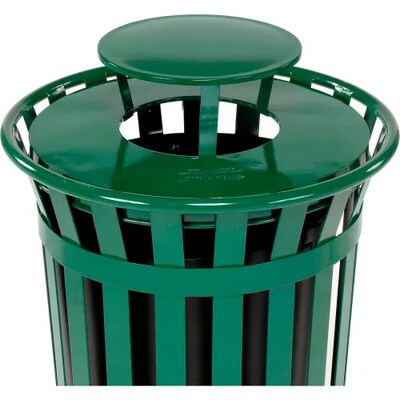 Global Industrial Outdoor Slatted Steel Trash Can w/ Rain Bonnet Lid, 36 Gallon, Green (260804GN)