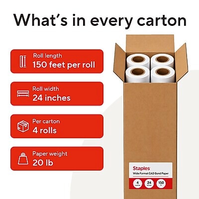 Staples Wide Format CAD Bond Paper, 24" x 150', 4/Carton (26655-CC)
