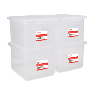 Staples Plastic File Box with Snap Lid, Letter/Legal Size, Clear, 4/Carton (TR57620CT)