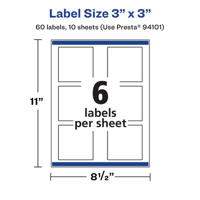 Avery Laser/Inkjet Square Labels, 3" x 3", White, 60 Labels/Pack (94101)