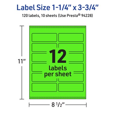Avery Laser/Inkjet Multipurpose Rectangle Labels, 1.25" x 3.75", Neon Green, 120/Pack (94228)