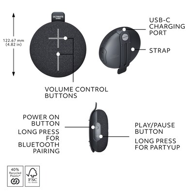 Logitech ULTIMATE EARS MINIROLL Ultra-Portable Bluetooth Speaker, Waterproof, Gentle Black (984-002015)