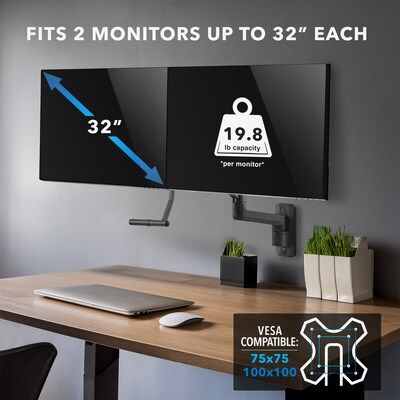 Mount-It! Adjustable Dual Monitor Wall Mount with Gas Spring Arm and Crossbar, Up to 32" Monitor, Black (MI-12010)