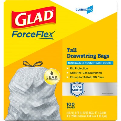 CloroxPro Glad ForceFlex 13 Gallon Tall Kitchen Trash Bag, 23.75" x 24.88", Low Density, .72 mil, Gray, 100 Bags/Box (70427)