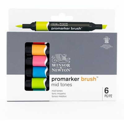 Winsor & Newton Promarker Dual-Tip Brush Alcohol Based Marker, Mid Tones, 6/Pack (WNX0290124)
