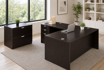 Boss Office Products 66" L-Shaped Desk with File Pedestal and Lateral File, Mocha (GROUPA19-MOC)