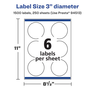 Avery Laser/Inkjet Round Multipurpose Labels, 3" Dia., White, 1500 Labels/Box (94513)