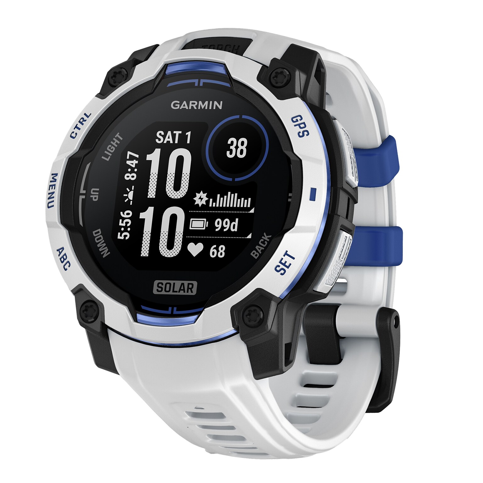 Garmin Instinct 3 Smartwatch, GPS, 45mm, Whitestone & Bolt Blue Silicone Band (010-02934-03)