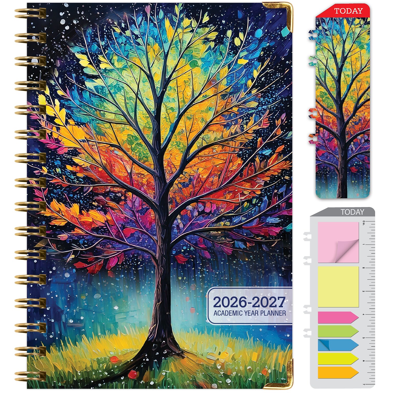 2026-2027 Excello Brands 8 x 5.5 Academic Weekly & Monthly Planner, Paperboard Cover, Black Tree Seasons (FSHN-AY26-58-32)