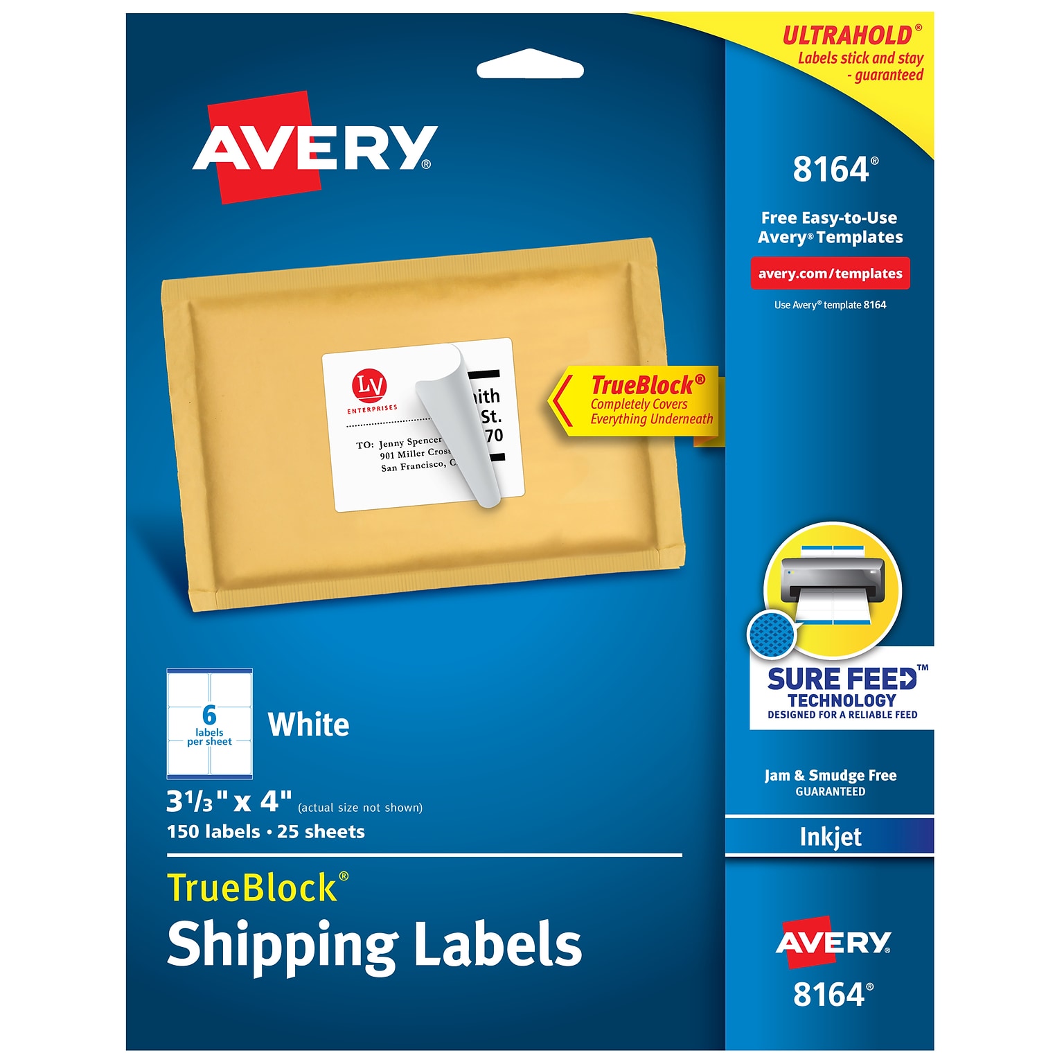 Avery TrueBlock Inkjet Shipping Labels, 3-1/3 x 4, White, 6 Labels/Sheet, 25 Sheets/Pack   (8164)