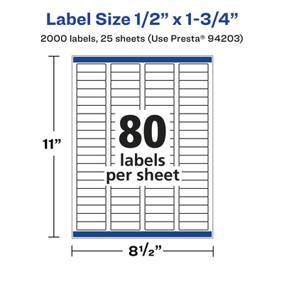 Avery Laser/Inkjet Rectangle Multipurpose Labels, 0.5" x 1.75", White, 2000 Labels/Pack (94203)