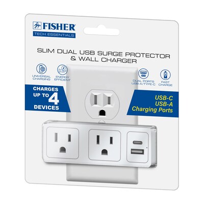 FISHER Tech Essentials 2-AC Outlet and 2-USB Port Slim Surge Protector Wall Tap, 3,000 Joules, White