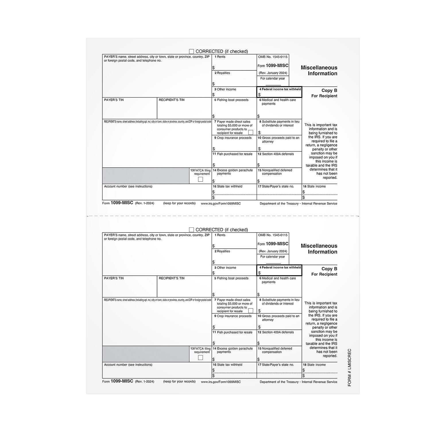 Adams 2024 1099-MISC Copy B Laser Tax Forms, 50/Pack (LMISCREC-S)