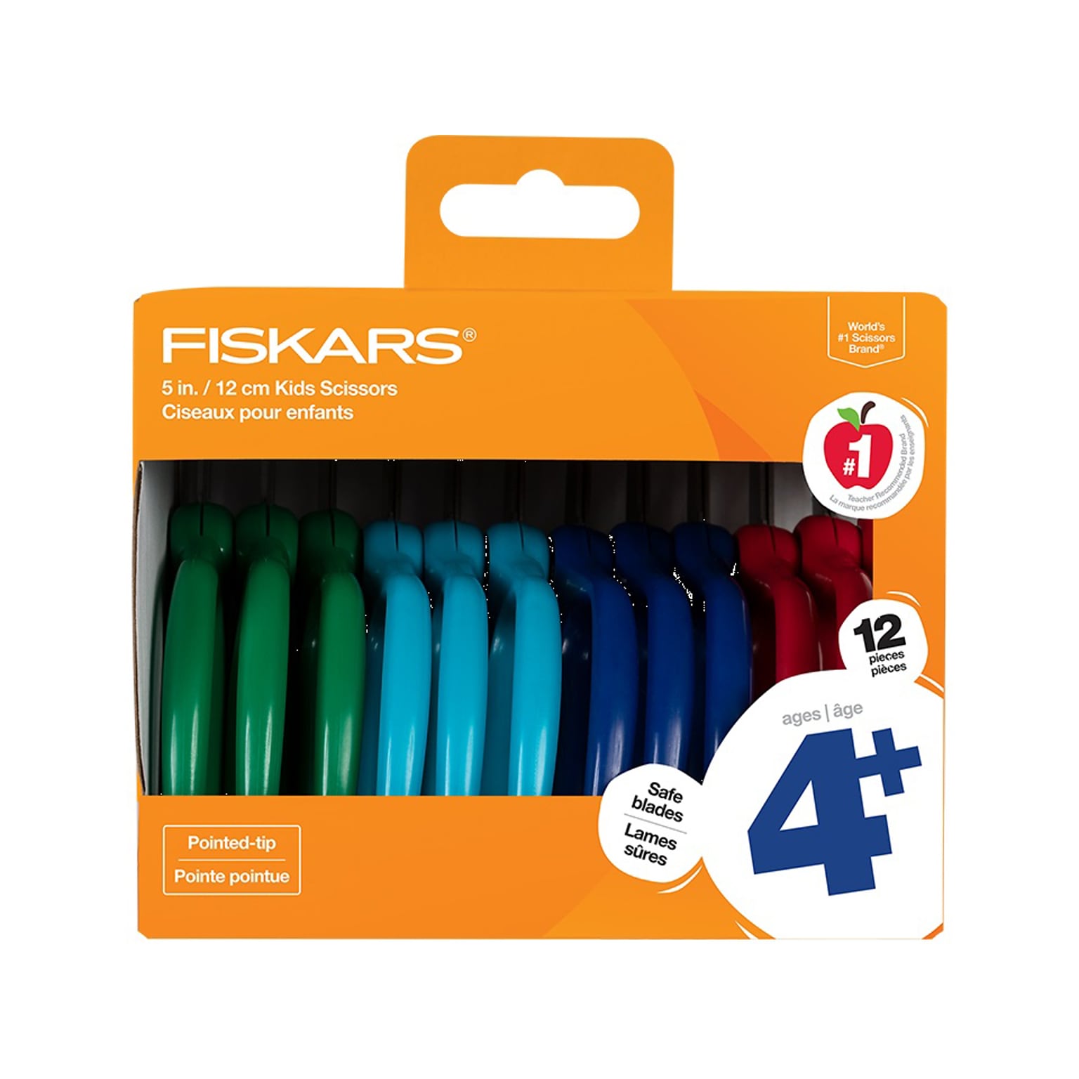 Fiskars Kids Scissors, Pointed Tip, Assorted Colors, 12/Pack (1067002)
