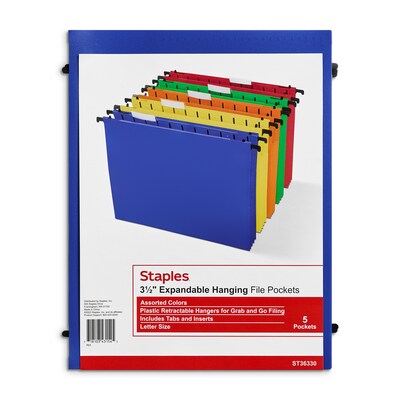 Staples® Hanging File Folder, 3.5" Expansion, Letter Size, Assorted, 5/Pack (TR36330/36330)
