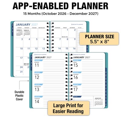 2027 Rocketbook Rocketplanner 6" x 8" Calendar Year Weekly & Monthly Planner, Plastic Cover (RKPL-CY27-5-TL)
