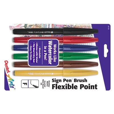 Pentel Arts Sign Pen Brush Tip, Assorted Colors, 6/Pack (PTASES15CBP6M)