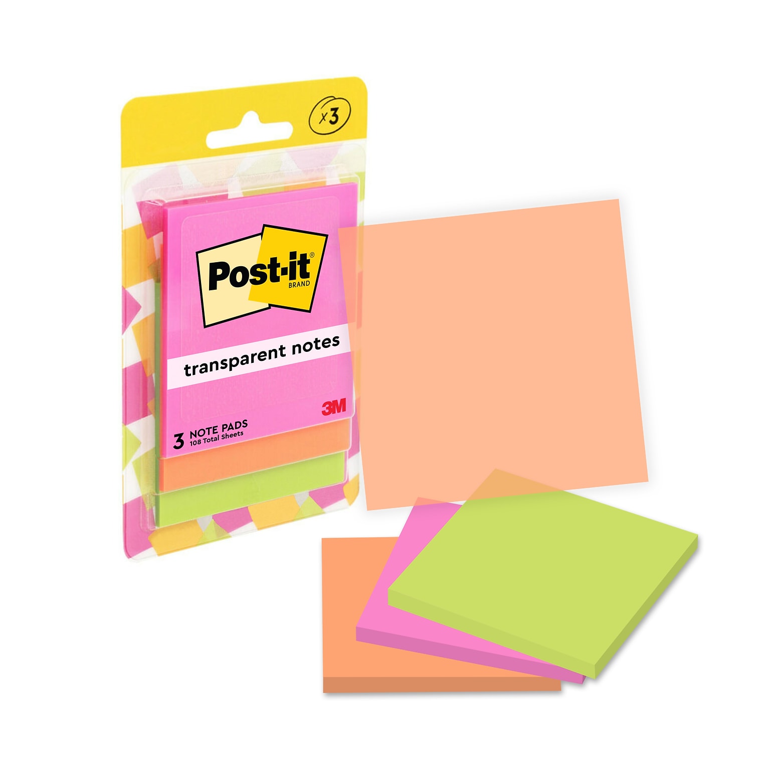 Post-it Transparent Sticky Notes, 2.8 x 2.8, Assorted Colors, 36 Sheets/Pad, 3 Pads/Pack (600-3COL)