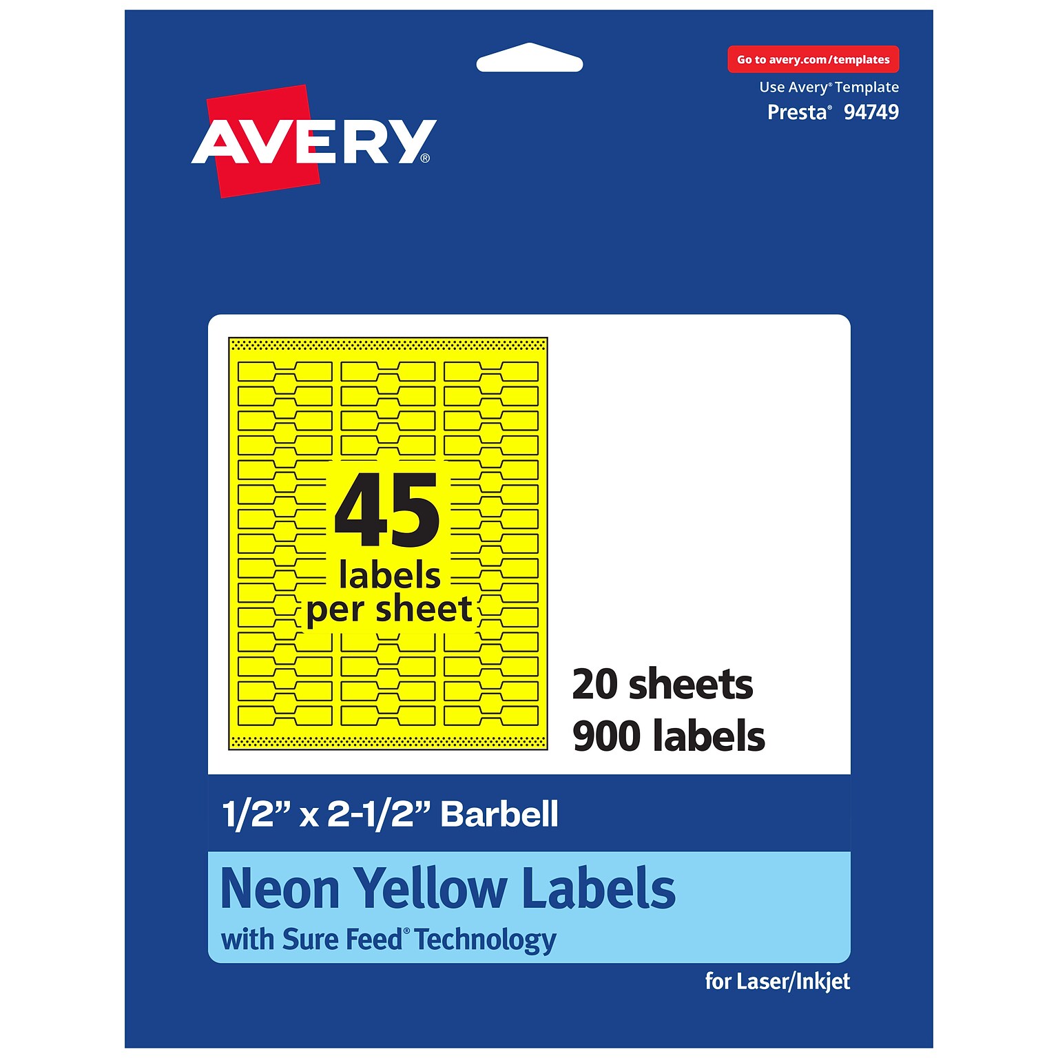 Avery Laser/Inkjet Barbell Multipurpose Labels, 0.5 x 2.5, Neon Yellow, 900/Pack (94749)