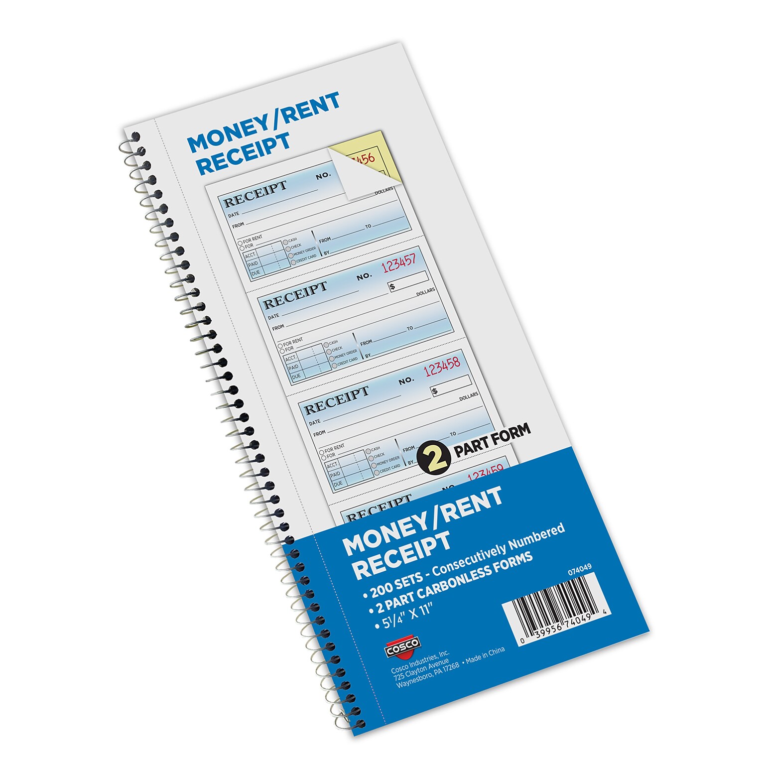 Cosco 2-Part Carbonless Receipts, 5.25 x 11, 200 Sets/Book (074049)