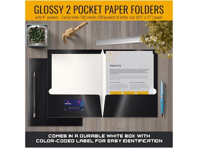 Better Office Glossy 2-Pocket Portfolio Folder, Black, 25/Pack (80181-25PK)