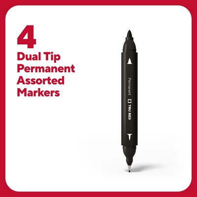 TRU RED™ Pen Permanent Markers, Twin Tip, Assorted, 4/Pack (TR57828)