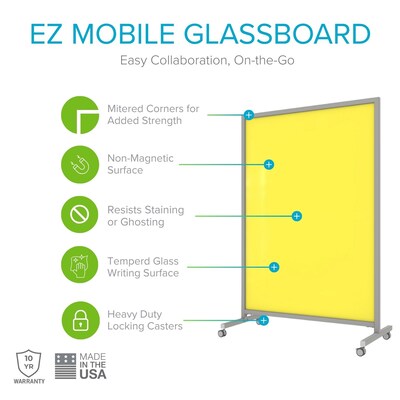 Ghent EZ Glass Mobile Dry-Erase Whiteboard, Aluminum Frame, 75H x 50W, Yellow (EZ1NA7550YW)