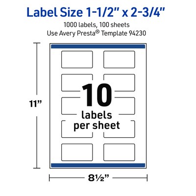 Avery Waterproof Rectangle Laser Multipurpose Labels, 1.5" x 2.75", White, 1000/Box (19479399275)