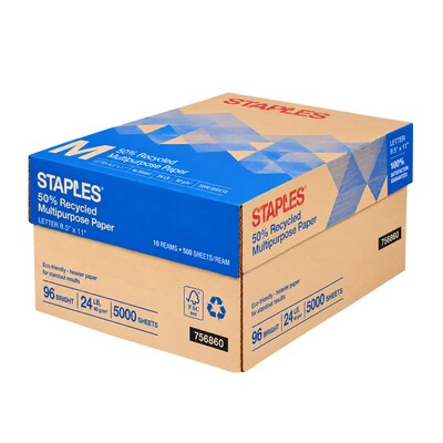 Staples 50% Recycled Multipurpose Paper, 8.5 x 11, 24 lbs., White, 500 Sheets/Ream, 10 Reams/Carton (86059)