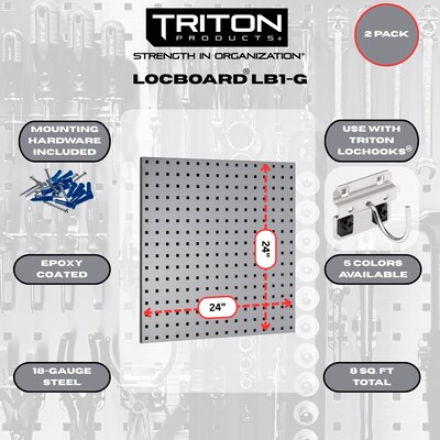 Triton Products LocBoard 24 x 24 x 9/16 Steel Square Hole Pegboards, 2/Set (LB1-G)