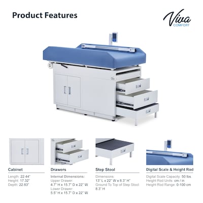 Viva Comfort Grande PU Leather Pediatric Exam Treatment Digital Scale Table, 500 lb. Capacity, Blue (996-09-PSBBLUMK)