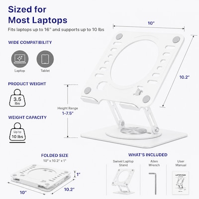 Uncaged Ergonomics Adjustable Swivel Laptop Stand for Desk, Steel, 360° Rotation, Up to 16", White