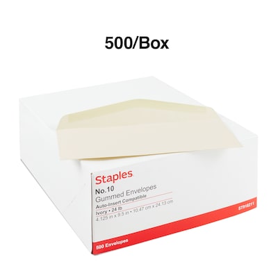 Staples® Premium Diagonal-Seam #10 Gummed Envelopes, 4-1/8" x 9-1/2", Ivory, 500/Box (918211/19420)