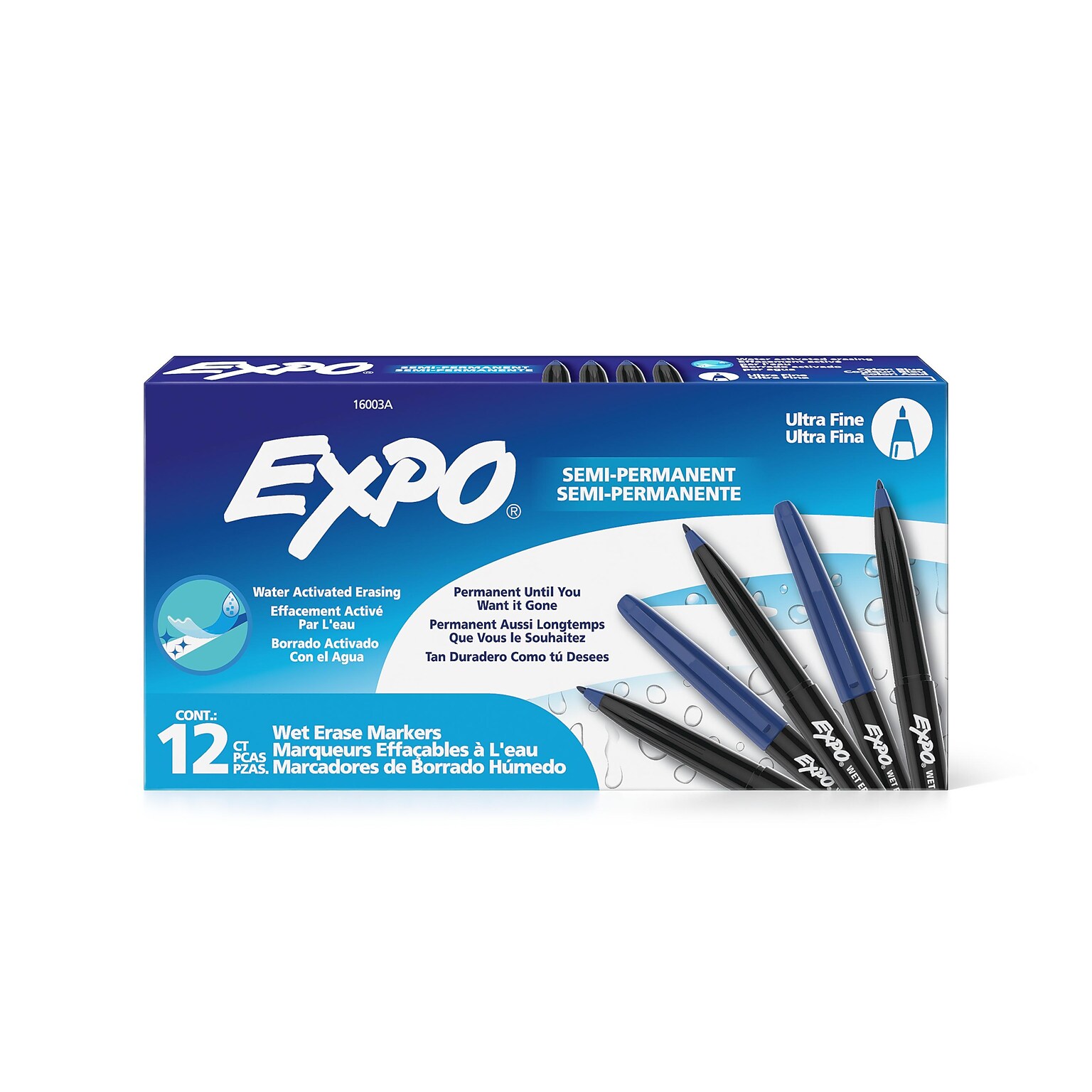 Expo Vis-à-Vis Wet Erase Markers, Fine Point, Blue, 12/Pack (16003)