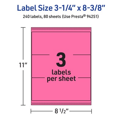 Avery Laser/Inkjet Rectangle Multipurpose Labels, 3-1/4" x 8-3/8", Bright Pink, 240/Box (94251)