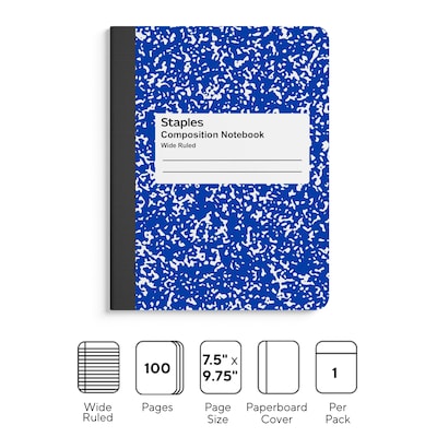 Staples® Composition Notebook, 7.5" x 9.75", Wide Ruled, 100 Sheets, Blue (ST55073)