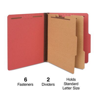 Quill Brand® 2/5-Cut Tab Pressboard Classification File Folders, 2-Partitions, 6-Fasteners, Letter, Red, 15/Box (73803)