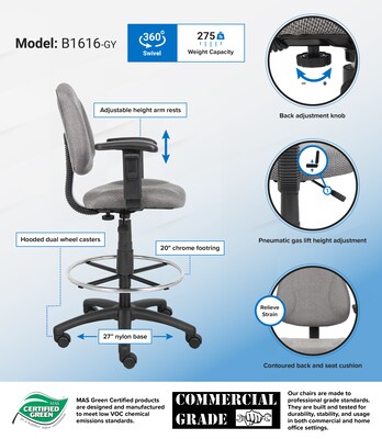 Boss® Drafting Stool w/ Adjustable Arms and Footring; Gray