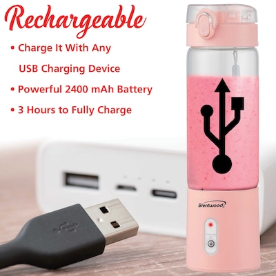 Brentwood 17-Oz. Portable Battery-Operated USB-Chargeable Glass Blender, Pink (RJB-100PK)