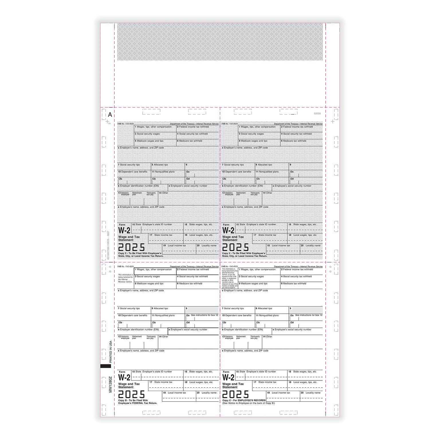 ComplyRight 2025 Pressure-Seal W-2 Tax Form, 1-Part, 4-Up, 500/Pack (5511B)