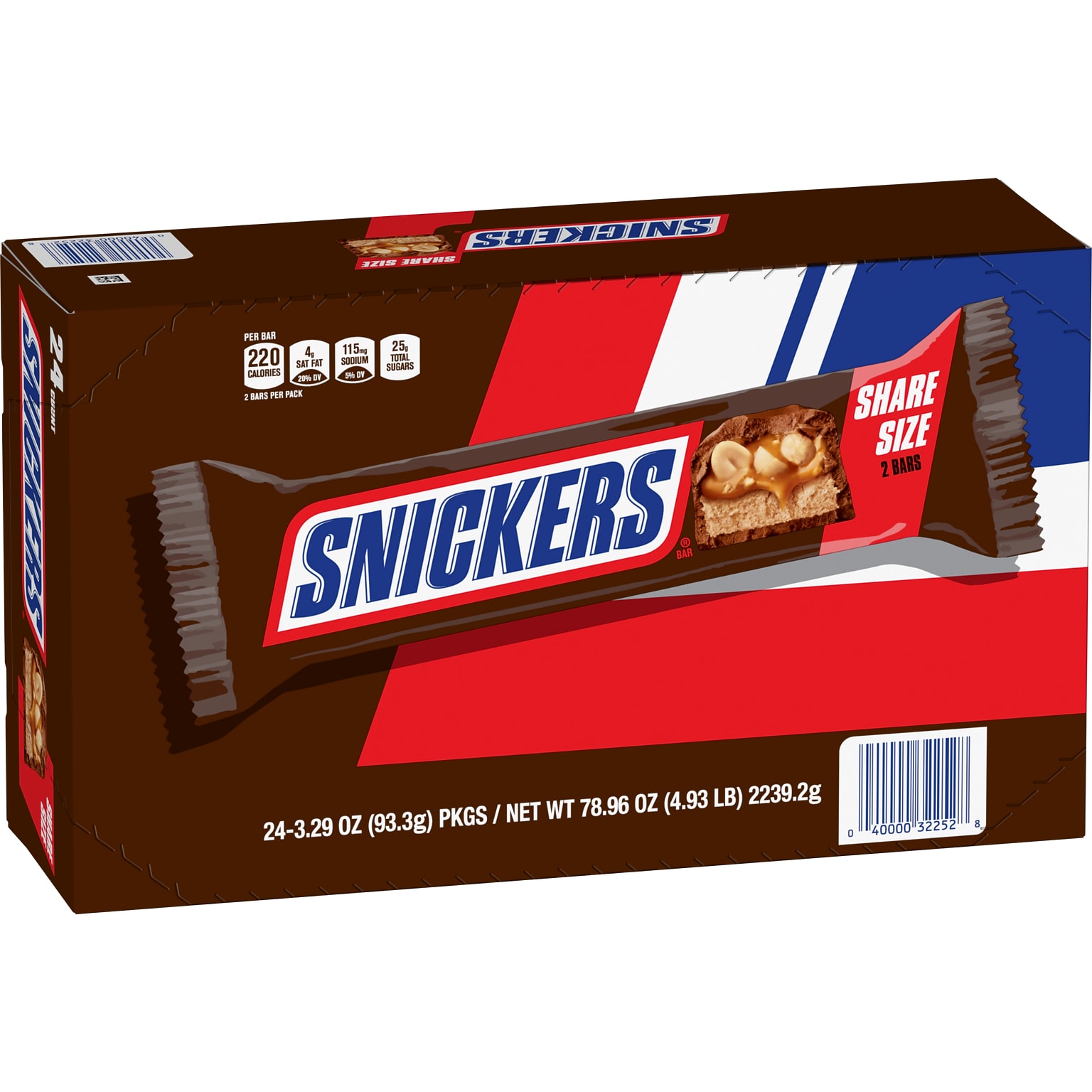 Snickers Share Size Milk Chocolate Candy Bars, 3.29 oz., 24/Box (MMM32252)