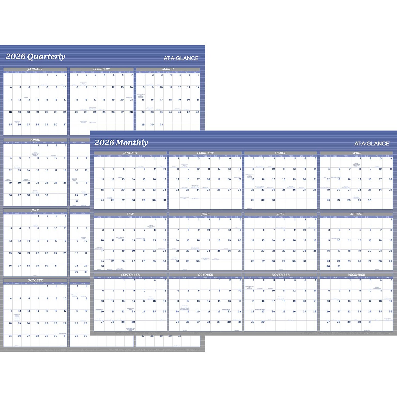2026 AT-A-GLANCE 48 x 32 Yearly Dry Erase Wall Calendar, Reversible, White/Blue (A1152-26)