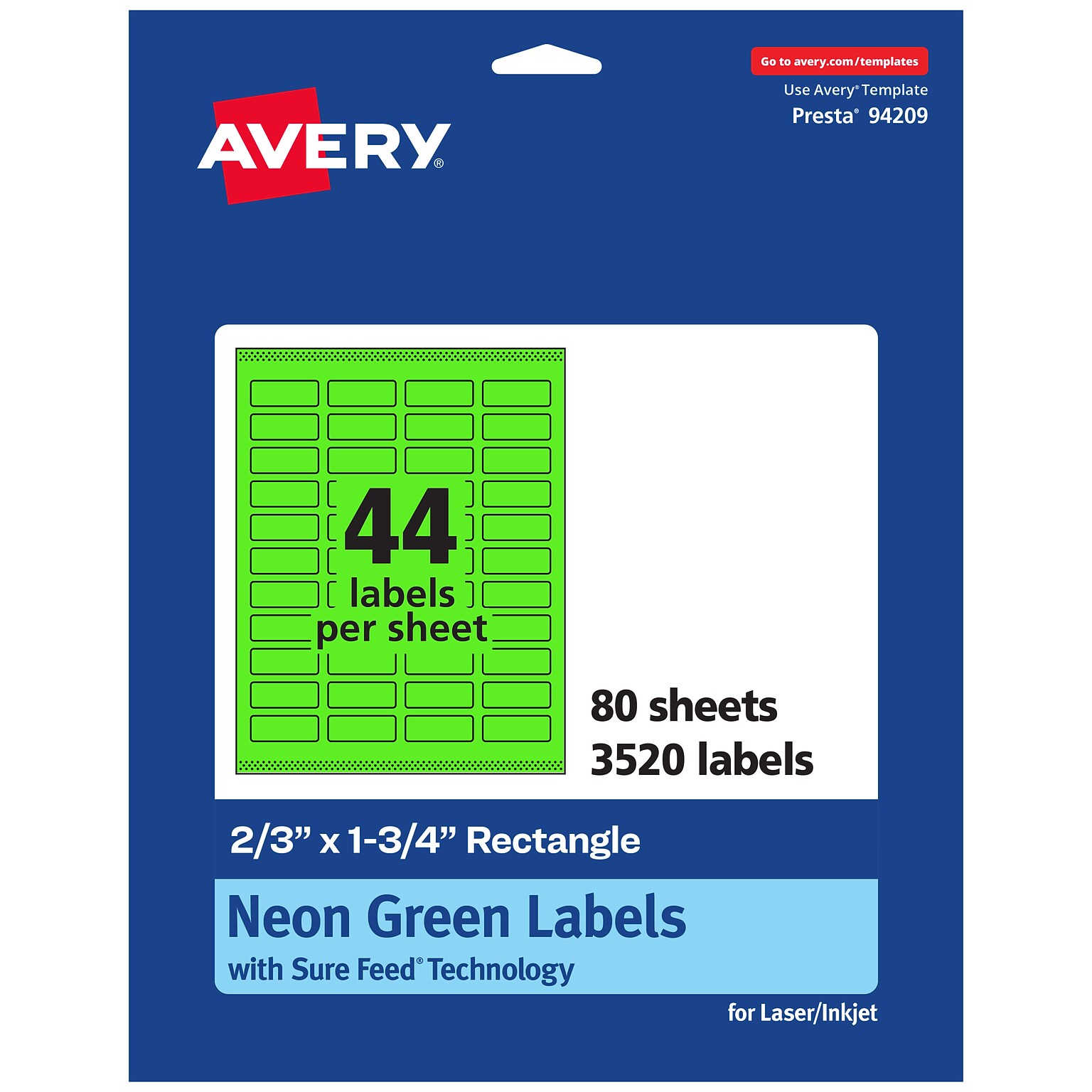Avery Laser/Inkjet Multipurpose Rectangle Labels, 2/3 x 1-3/4, Neon Green, 3520/Box (94209)