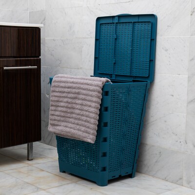 Mind Reader Foldable Plastic Laundry Hamper with Lid, Blue (FOLHAMP61-BLU)