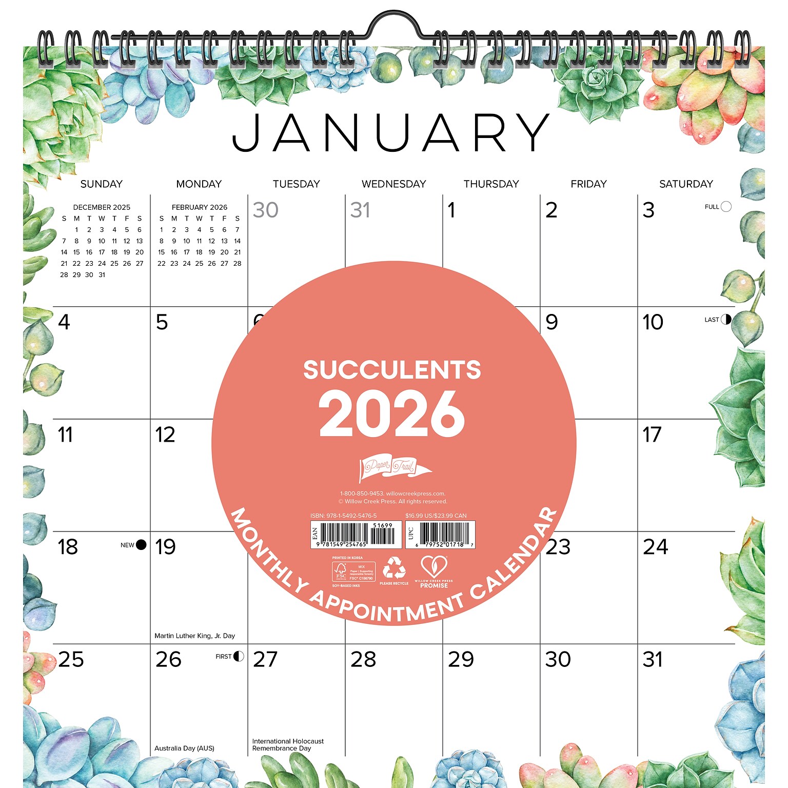 2026 Willow Creek Succulents 12 x 12 Monthly Wall Calendar (54765)