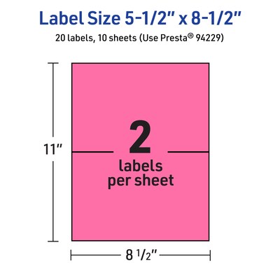 Avery Laser/Inkjet Rectangle Multipurpose Labels, 5.5" x 8.5", Bright Pink, 20/Pack (94229)
