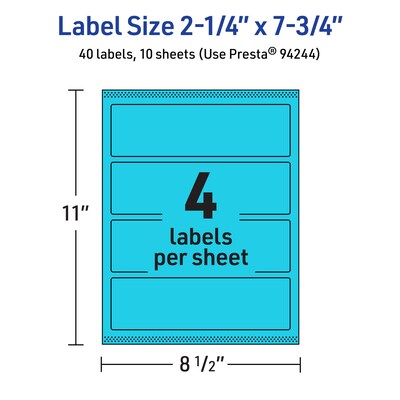 Avery Printable Rectangle Multipurpose Labels, 2.25" x 7.75", Bright Blue, 40/Pack (94244)