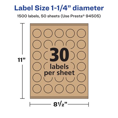 Avery Laser/Inkjet Round Multipurpose Labels, 1.25" Dia., Kraft Brown, 1,500 Labels/Box (94505)