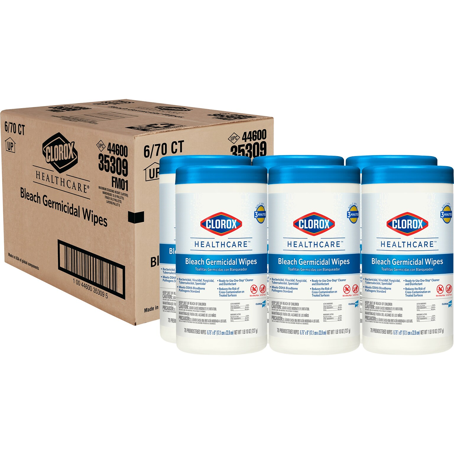 Clorox Healthcare Bleach Germicidal Wipes, Clean Scent, 70 Wipes/Canister, 6/Carton (CLO35309CT)